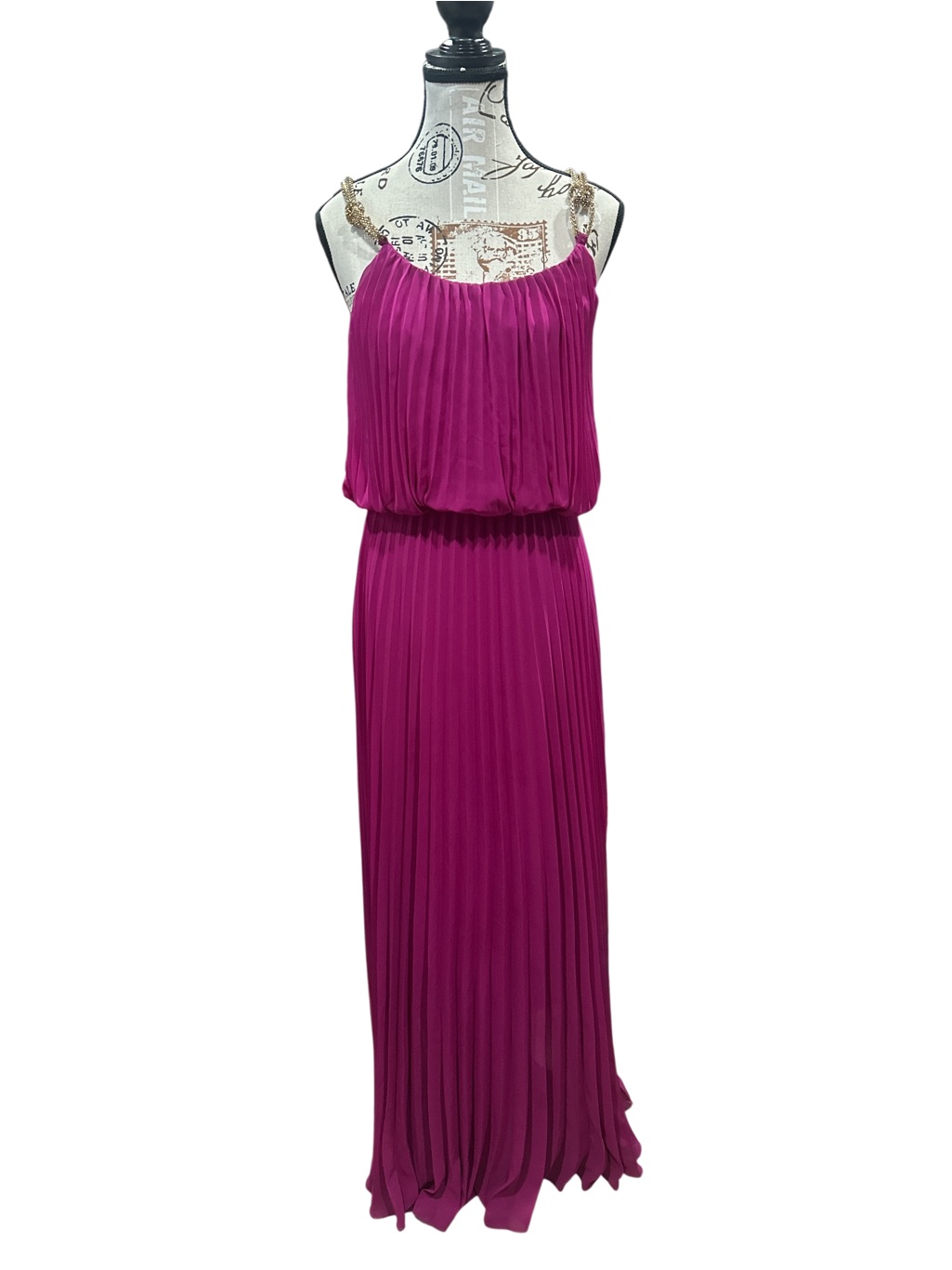 Xscape Fuchsia Pleated Maxi Dress With Beaded Straps